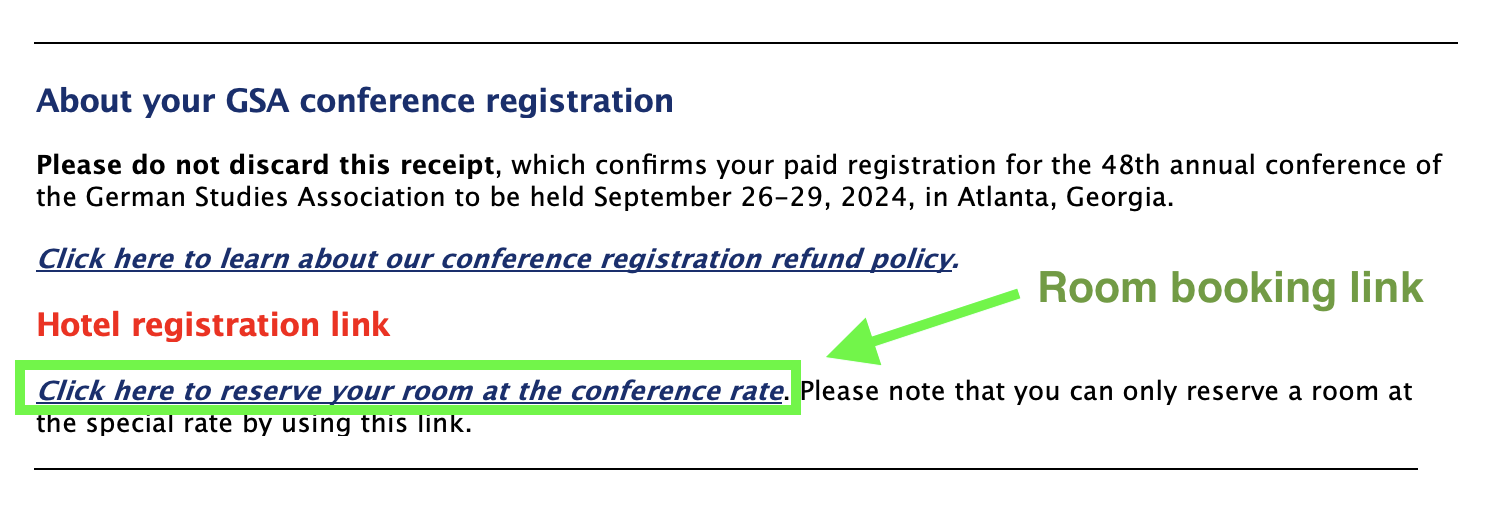 Registration confirmation email hotel booking link